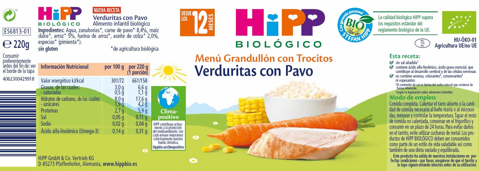 HiPP Biológico - Tarrito De Verduras con Pavo BIO - Menú Grandullón con Trocitos - Pack 6x220g - Ingredientes de Producción Ecológica - Sin Gluten - A Partir de 12 Meses