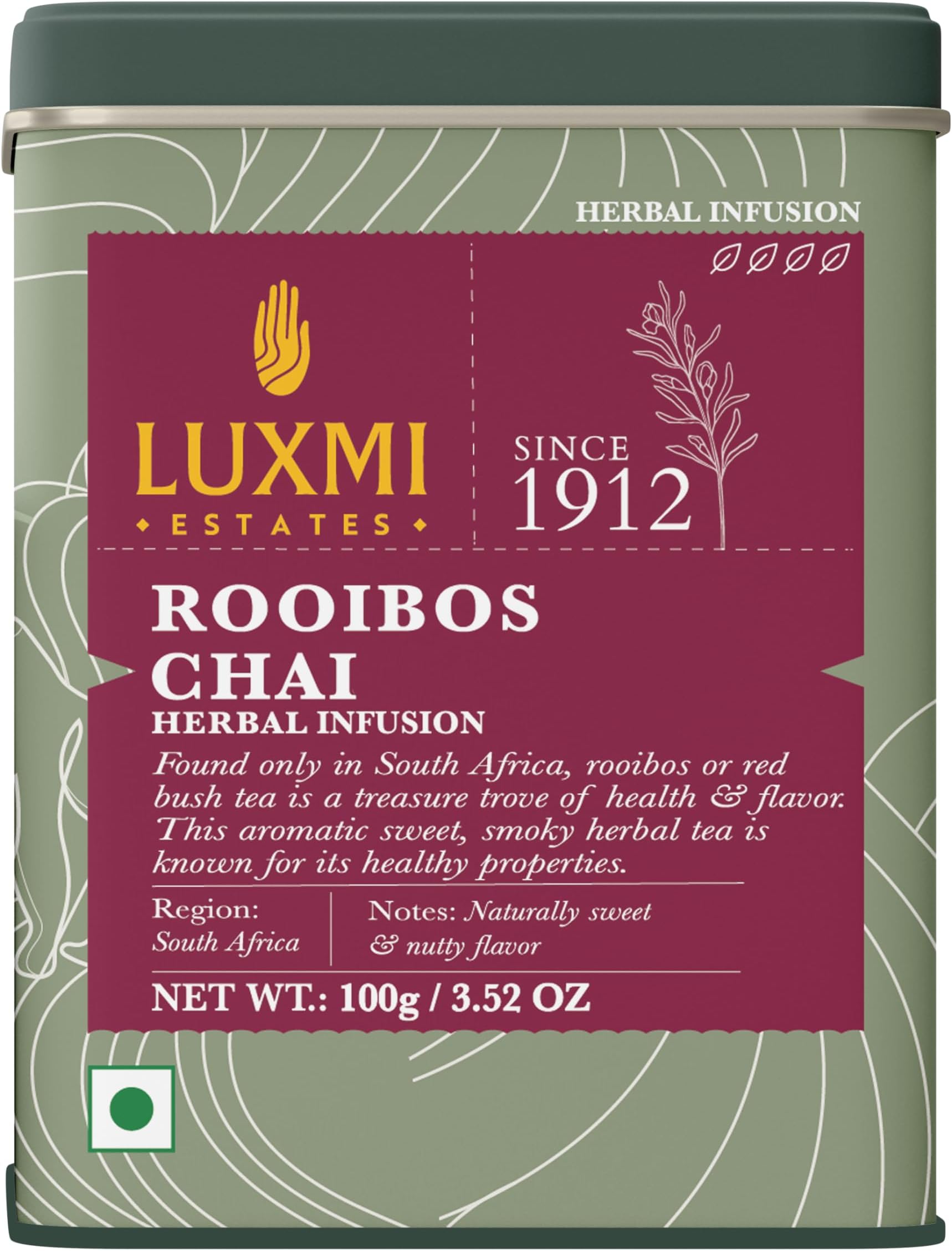 Luxmi Estates Rooibos Chai – 100% Natural Herbal Infusion | 100g Tin Caddy | Caffeine-Free | Antioxidant-Rich | Supports Digestion, Heart & Skin Health | 50 Cups