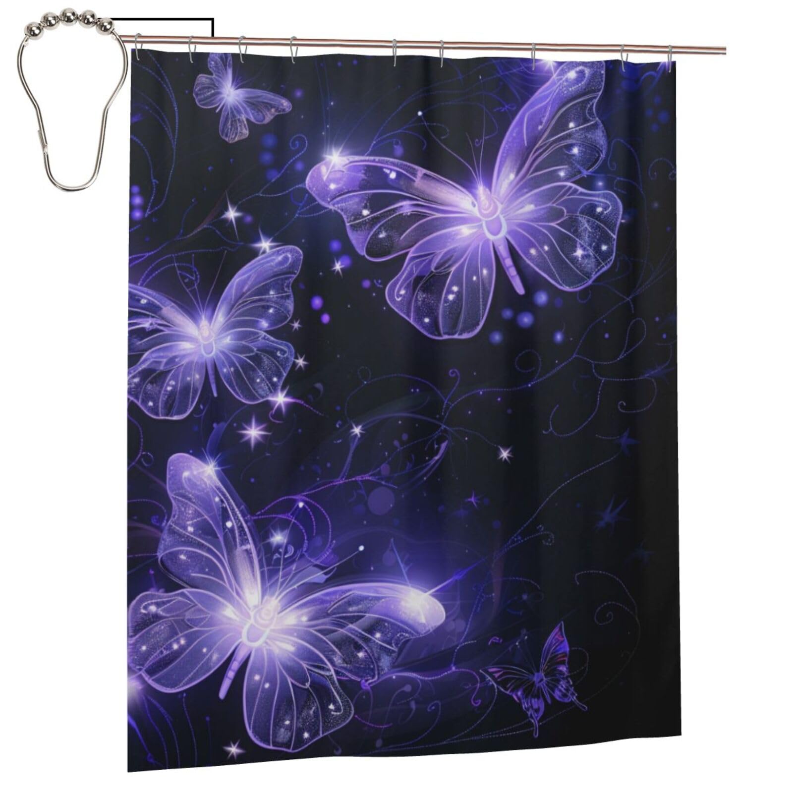 BWWHCCTI Background with Night Butterflies Printed Shower Curtain With 12 Iron Hooks Opaque Quick Drying Waterproof Shower Curtains Sets For Bathroom 152x183 Cm
