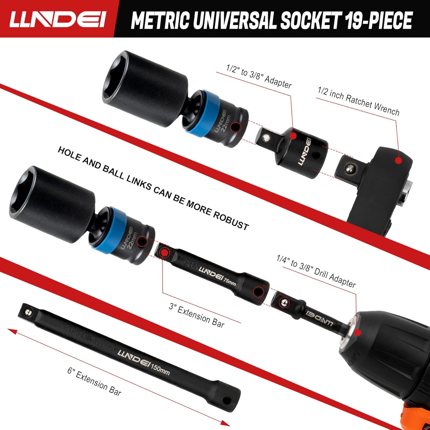 LLNDEI 3/8" Drive Swivel Socket Set, 19PCS Deep Universal Impact Socket Set, Metric(8mm-22mm) Premiun Wobble Socket Set, CR-MO Steel,3"& 6" Extension Bar