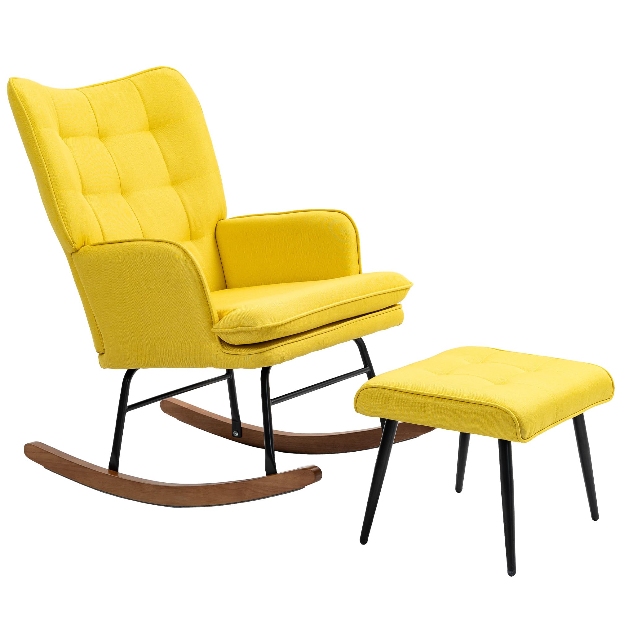 HOMCOM Schaukelstuhl Schwingsessel mit Hocker, Armlehnsessel, Sessel mit Leinenoptik, Schaukelsessel bis 130 kg Belastbarkeit für Schlafzimmer, Wohnzimmer, Gelb