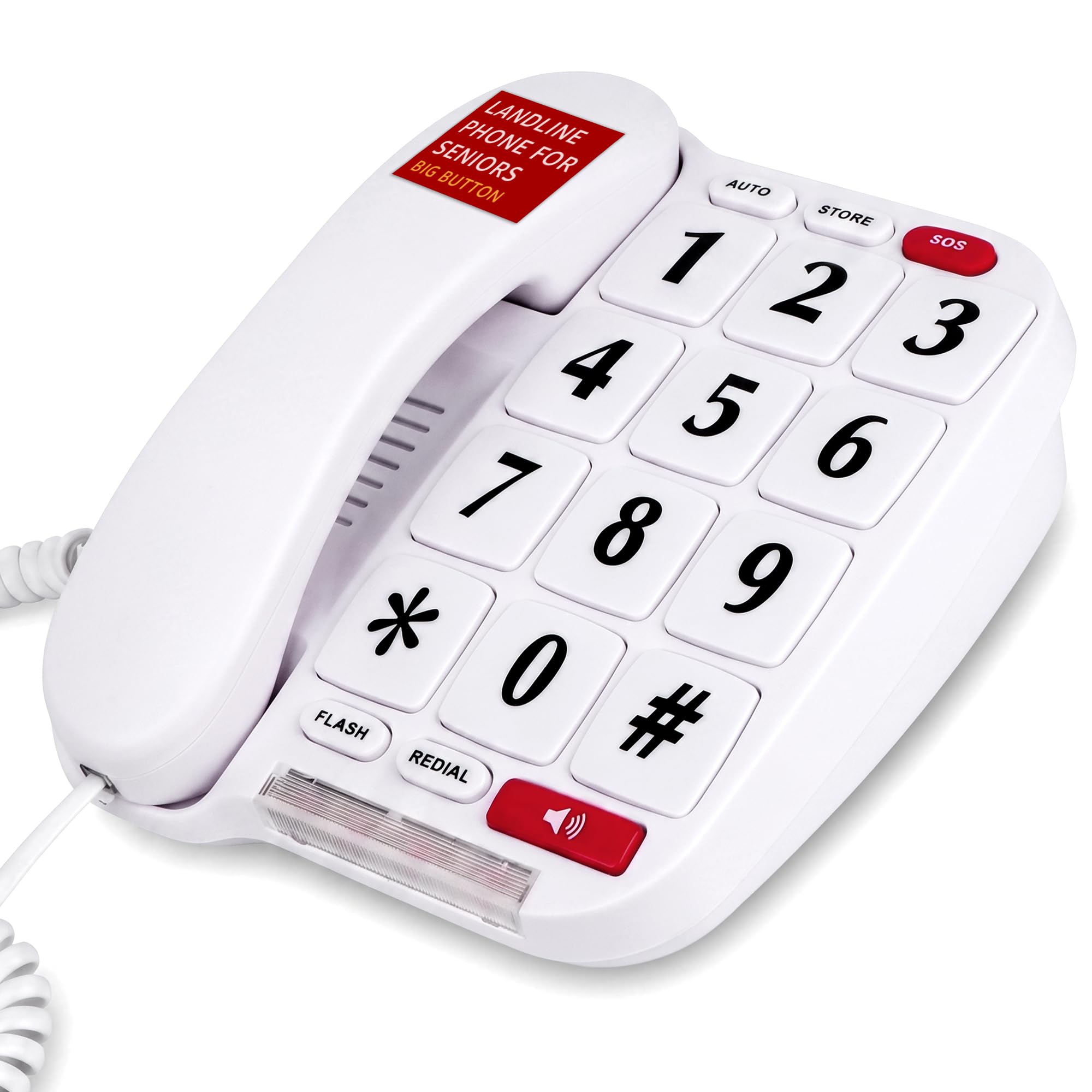 Uvital Telefono con pulsanti grandi per anziani, telefoni fissi con filo per anziani con pulsante di emergenza SOS e pulsanti grandi bianchi, vivavoce, suoneria forte, facile da usare