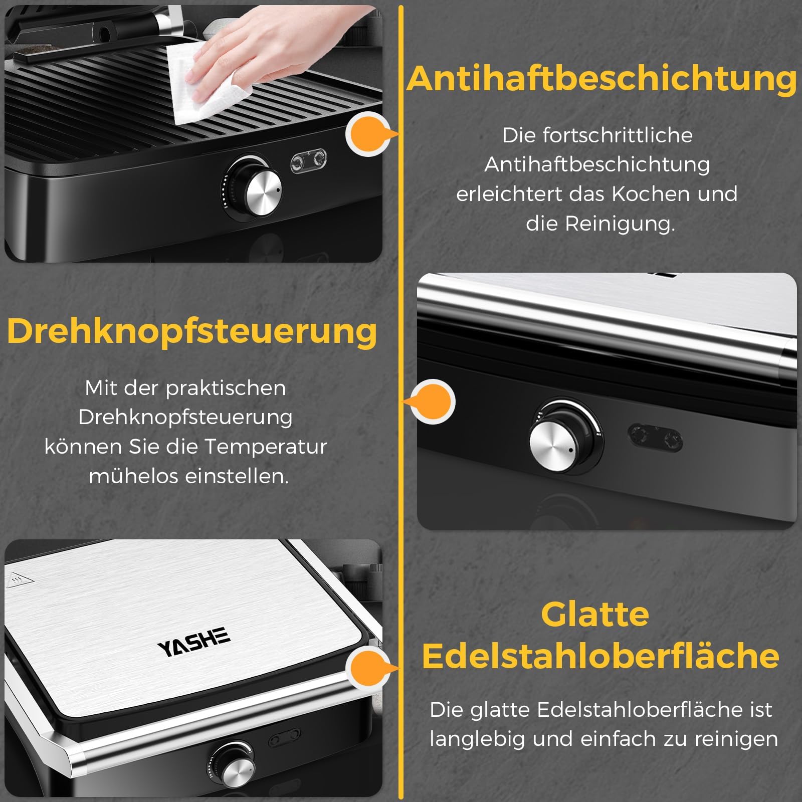 YASHE Barbecue a contatto con regolatore di temperatura, apribile a 180°, piastre antiaderenti, coperchio in acciaio inox, panini per panini, carne e verdure, 2000 W