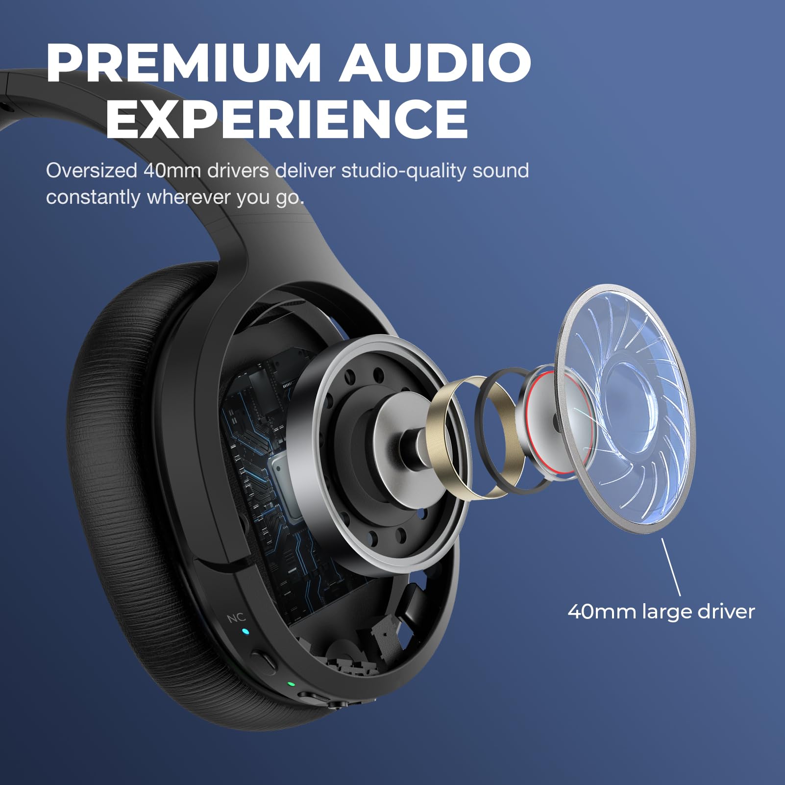 MOVSSOU Cuffie ibride con cancellazione attiva del rumore, cuffie Bluetooth wireless over ear con microfono, bassi profondi, cuscinetti auricolari in memory foam, 30 ore per viaggio/ufficio/casa, nero