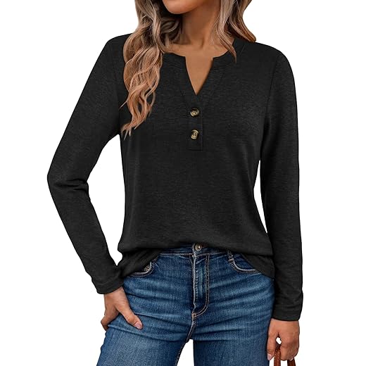 WYNNQUE Womens Long Sleeve Shirts Business Casual Outfits Dressy Tops Blouses Henley V Neck Fall Clothes