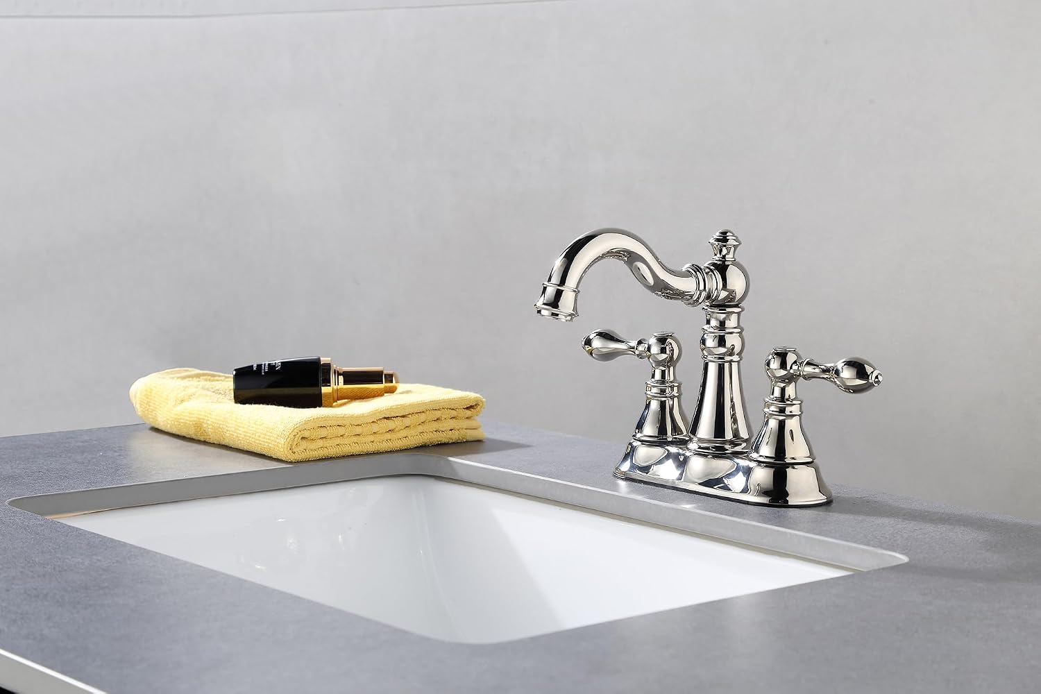 Two Handle Bathroom Faucet Polished Nickel Faucet 3 Hole with Plastic Overflow Pop-Up Drain,Swivel Spout Bathroom Sink Faucet 4 Inch Centerset,F-0048-PN