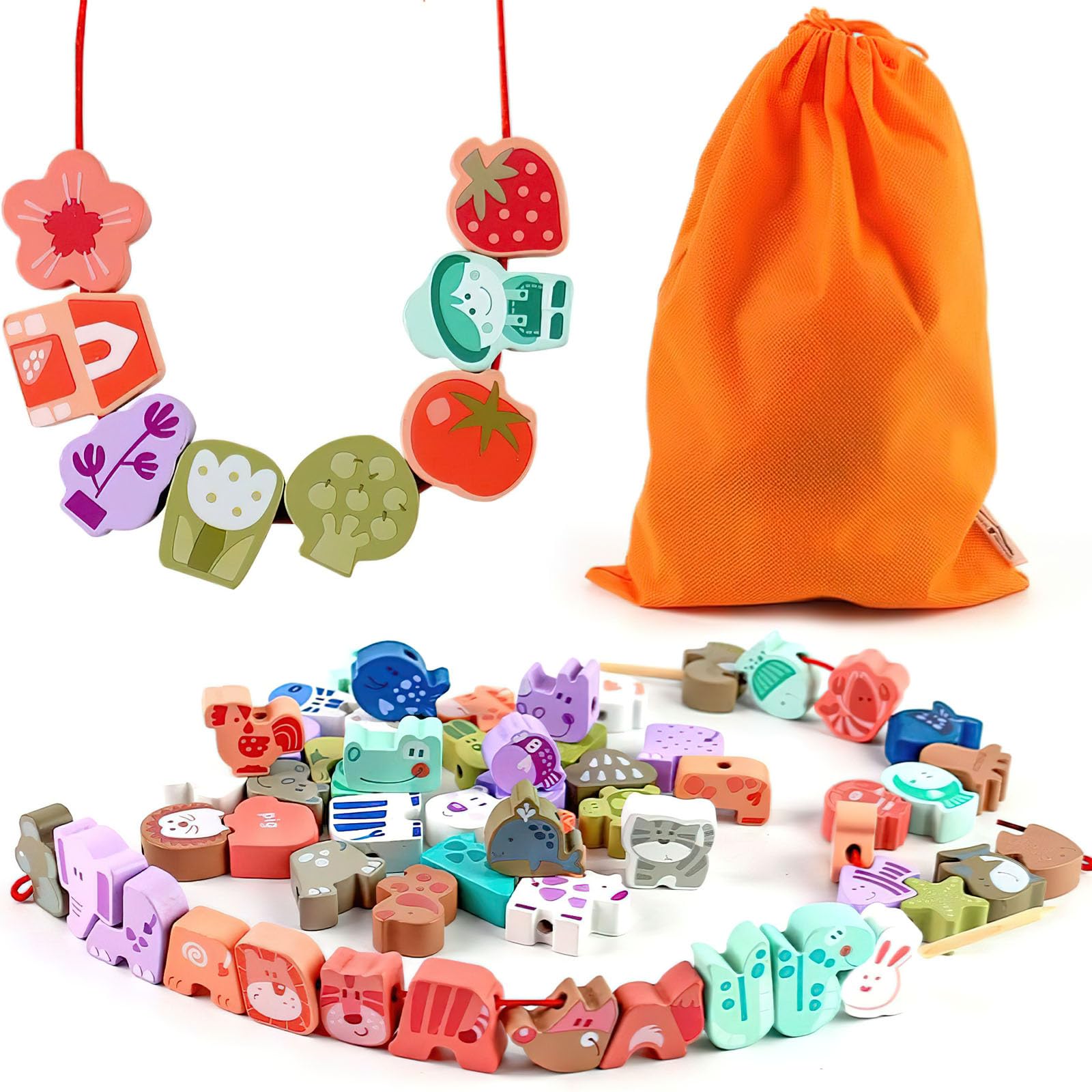 LovesTown 67 PCS Wooden Lacing Beads for Toddlers,Lacing Toys with Storage Bag,Animal Fruit Shapes Stringing Kit for Kids Birthday