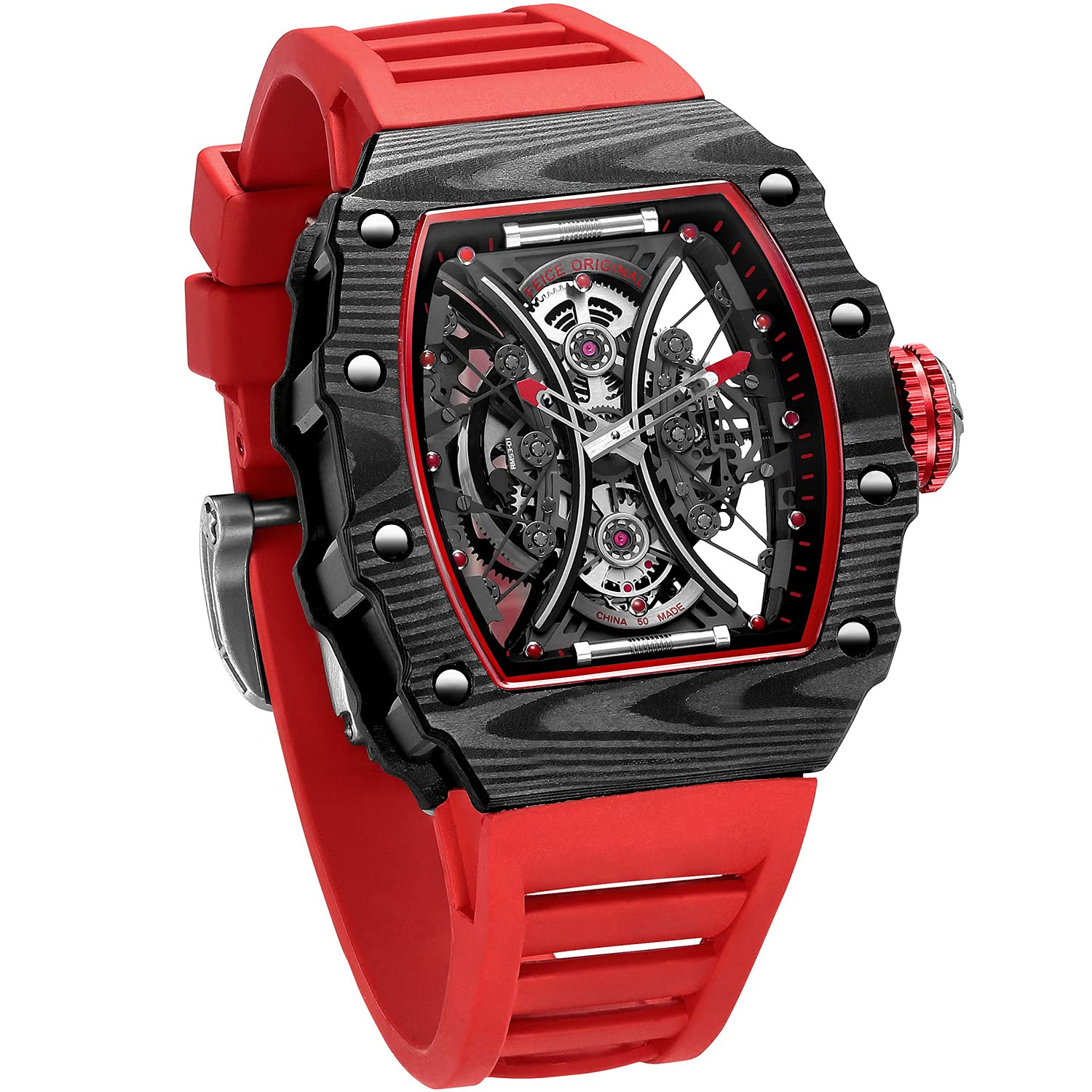 FEICE Orologio Scheletro da Uomo Orologio Automatico Vetro Zaffiro Orologi Meccanici Cassa Irregolare Movimento Giapponese Impermeabile Rosso
