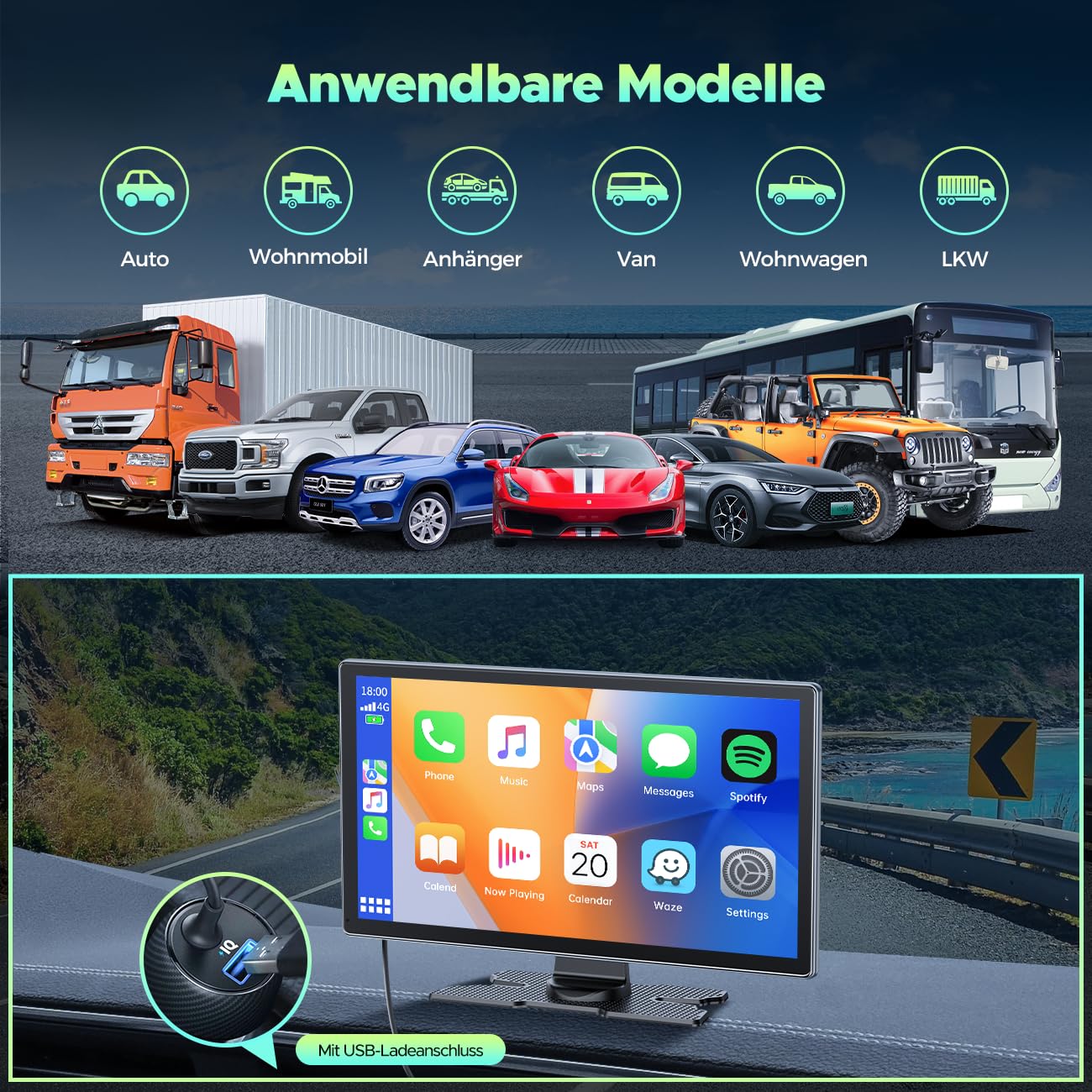 Lamto Przenośne radio samochodowe do Apple CarPlay Android Auto 9-calowe bezprzewodowe radio samochodowe z kamerą rozdzielczą 2,5 K, kamera cofania 1080P, ekran Carplay z Bluetooth/Mirror