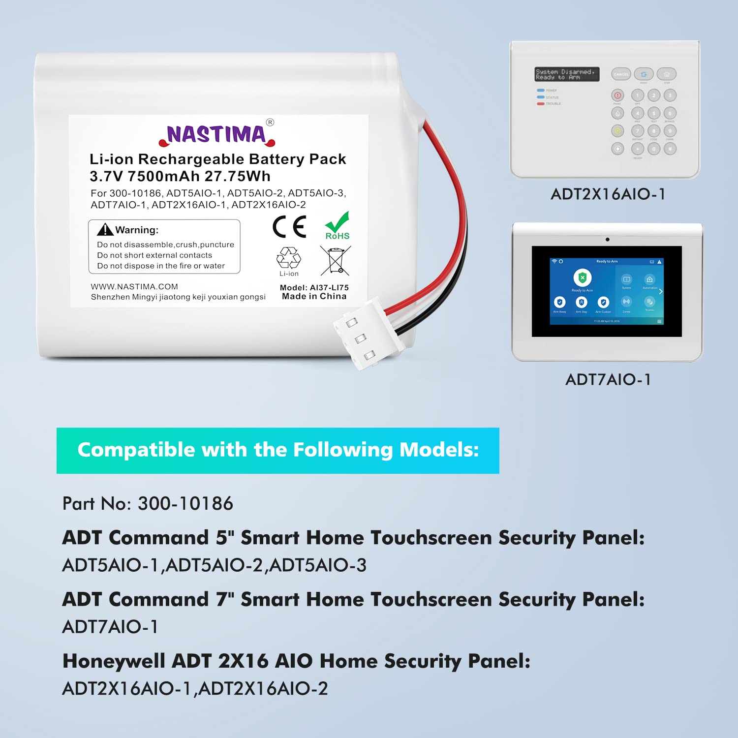 NASTIMA 3.6V/4.2V Li-ion Replacement Battery 300-10186 Compatible with ADT Command Smart Security Panel | 3.6V 7500mAh 27Wh