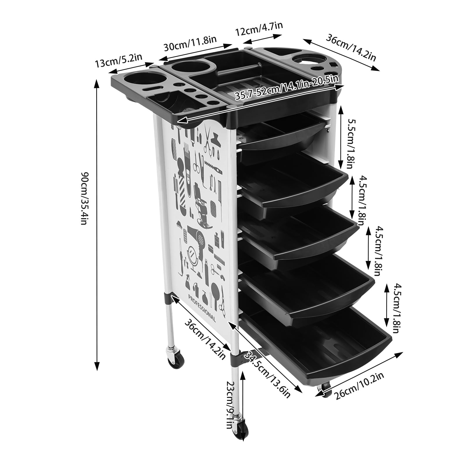Carrito de salón con 5 cajones, carrito de peluquería con ruedas para peluquería, organizador de pelo portátil, multiusos, con ruedas para peluquería, belleza