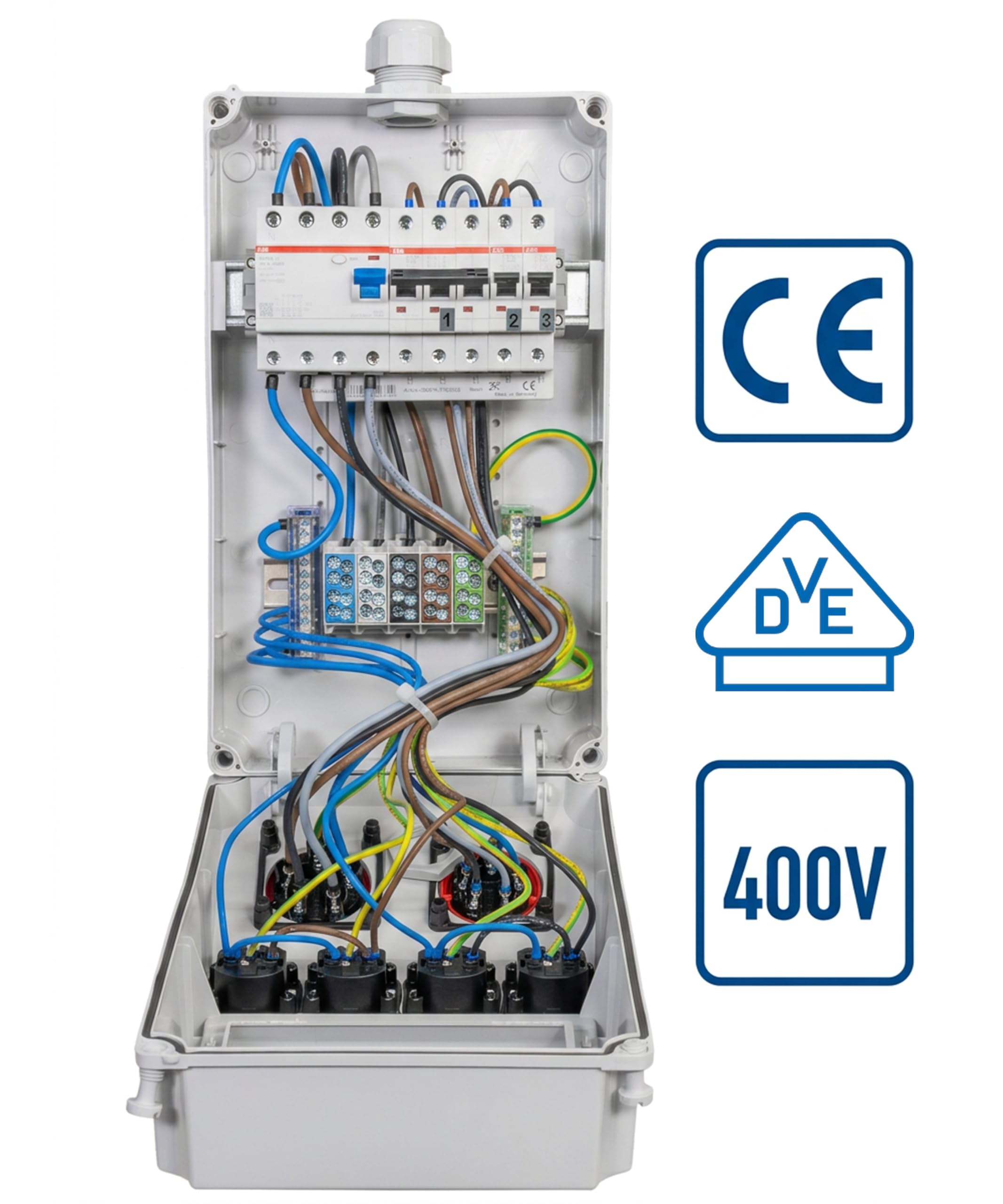 JÄGER Votha Wolfsburg - Distribuidor de pared, caja de distribución de pared (montaje en superficie, con cable ABB FI & LS, 2 x CEE 16 A/32 A 400 V, 4 x enchufes de 16 A 230 V, VOTHA Wolfsburg