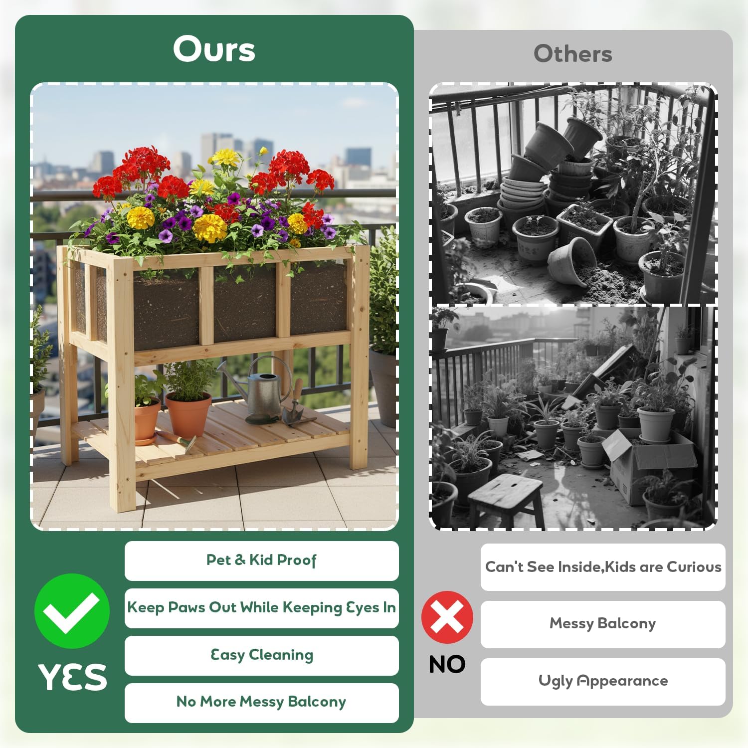 PetsCosset Small Transparent Raised Garden Bed with Legs, Compact Planter Box Stand with Observation Panels & Storage Shelf for Balcony, Patio, Small Spaces (Natural Wood)