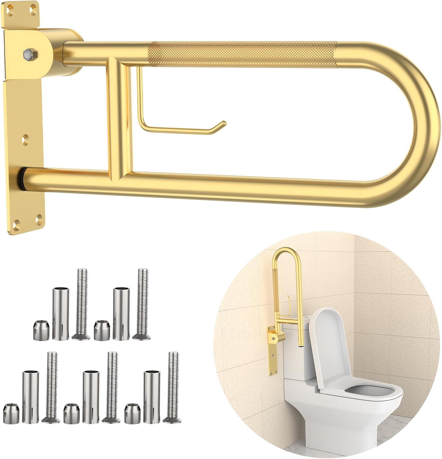 Toilet Grab Bar 22.4 Inch, YuanDe Flip Up Grab Bar with Paper Holder, Brushed Gold Anti-Slip Safety Bars for Toilet, Stainless Steel Knurled Toilet Handles for Seniors Disabled Elderly Pregnant