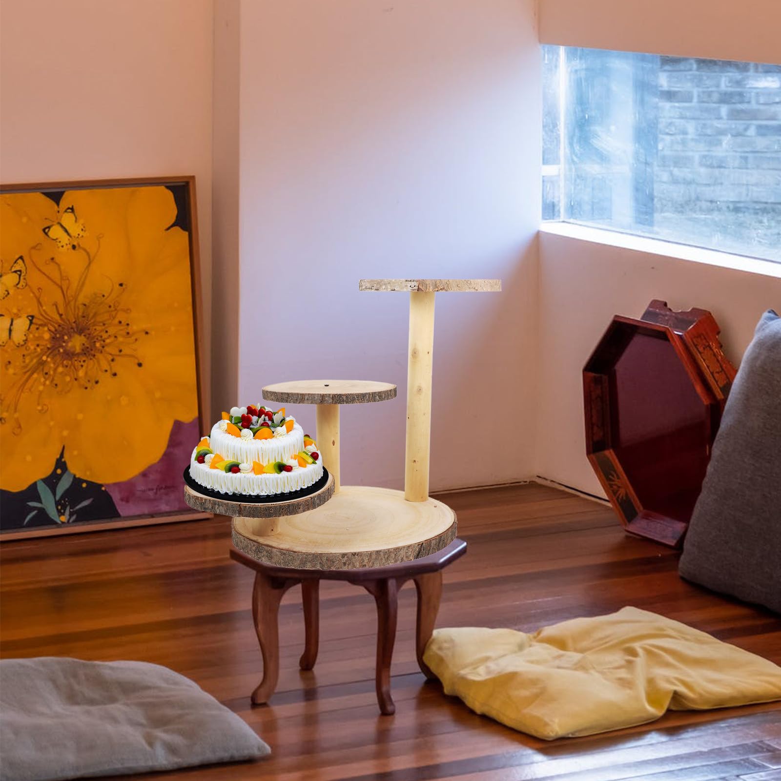 Soporte para Adecuado de Ocasiones Limpiar Fácil Rústico para Madera de 3 Niveles Diseño Decoración Tartas Tradicionales ycoración de Bodas