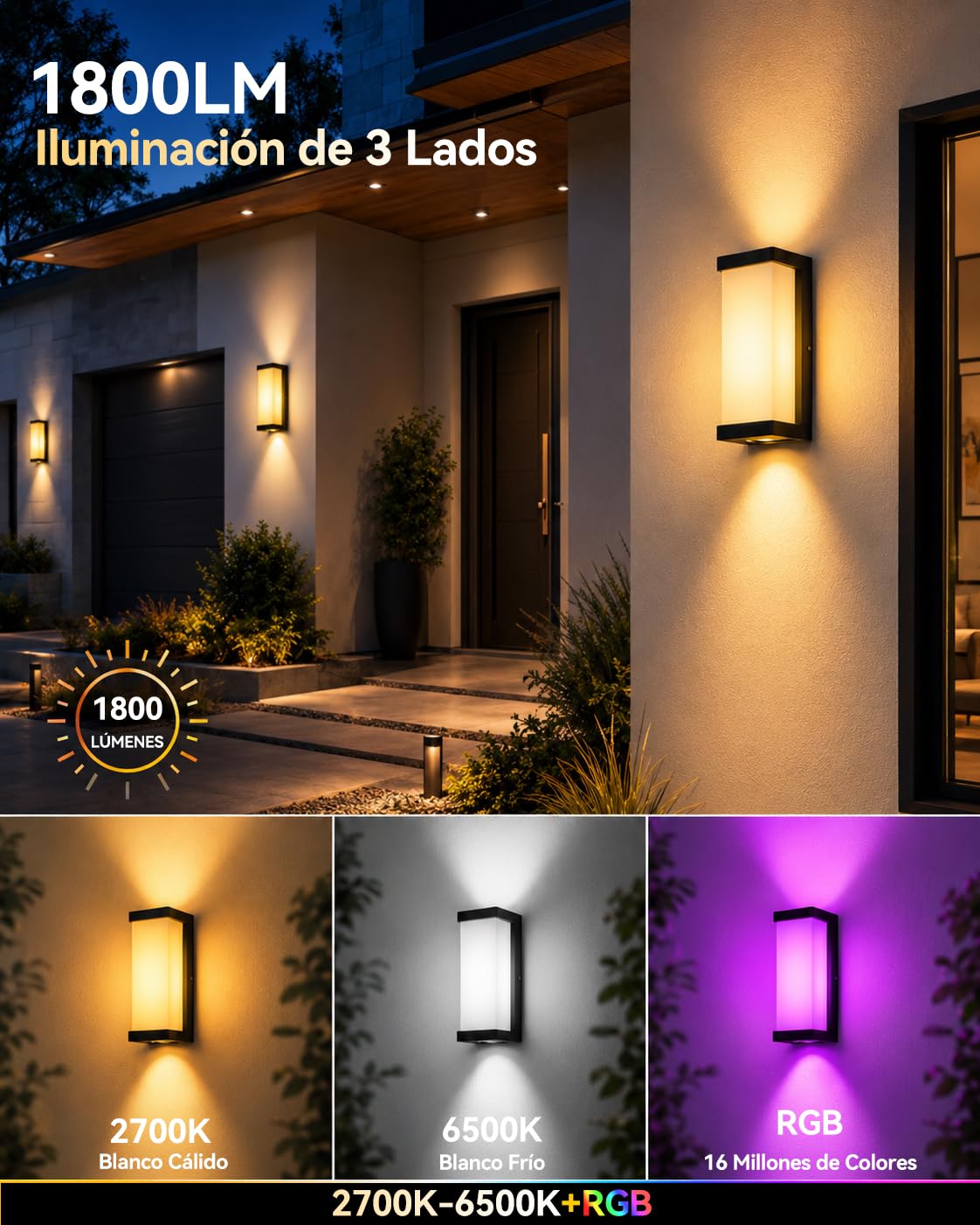 Meevt Lampara Exterior Pared Inteligente RGBCW, Luz Exterior LED - 1 Unidad | 1800LM, Iluminación de 3 Caras, IP65 Impermeable, Compatible con Alexa y Google Assistant, Porche Garaje Interior Exterio