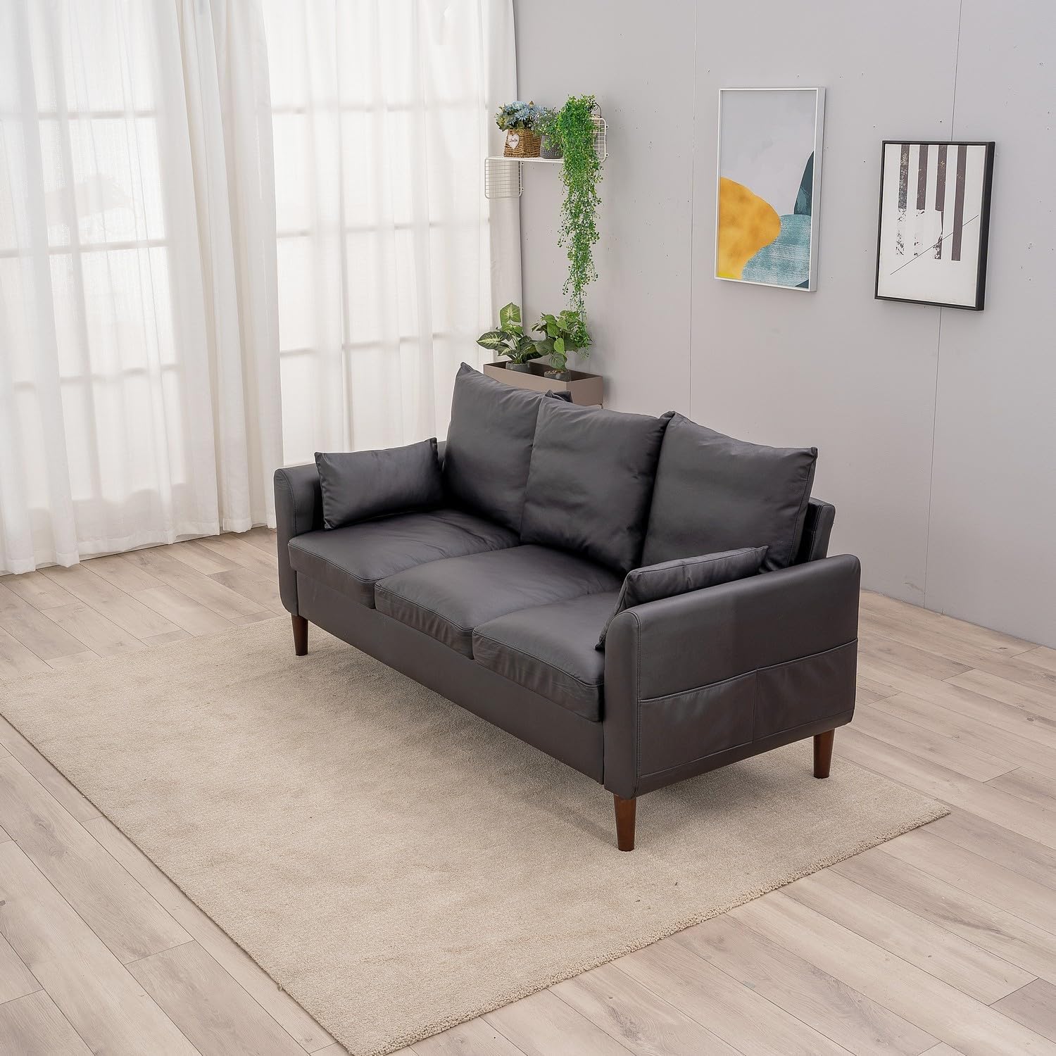 Panana 3 Seater Sofa Lounger Couch with Storage Pocket Armrests Wood Legs Cushion Back Couch, Modern Design(Black Faux Leather, 3 Seater)
