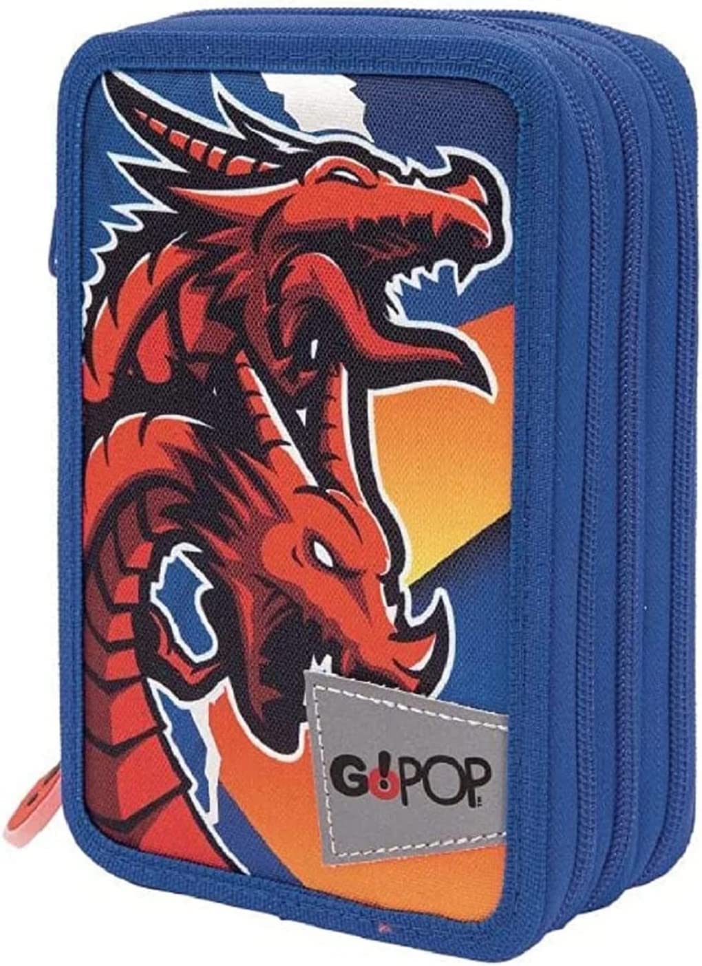 Gopop Schoolpack Zaino Scuola Dragone 40x30x18 cm + Astuccio 3 Zip Completo con Colori + Omaggio Mini Torcia
