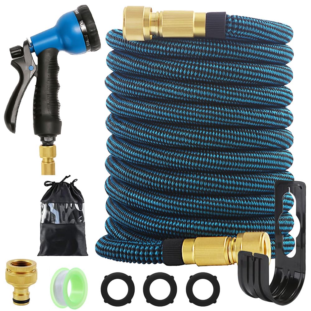 15M/50ft Flexibler Gartenschlauch, 10 Sprühmodi, Wasserschlauch Dehnbar, Adapter für 1/2' 3/4' Zoll, Schlauch Flexibel Bewässerung Mit Wandhalterung und Aufbewahrungstasche für den Außenbereich