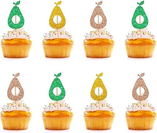 Decoración para cupcakes de aguacate y frutas, con purpurina verde y dorada, para baby shower, decoración de pasteles para fiestaaguacate feliz,