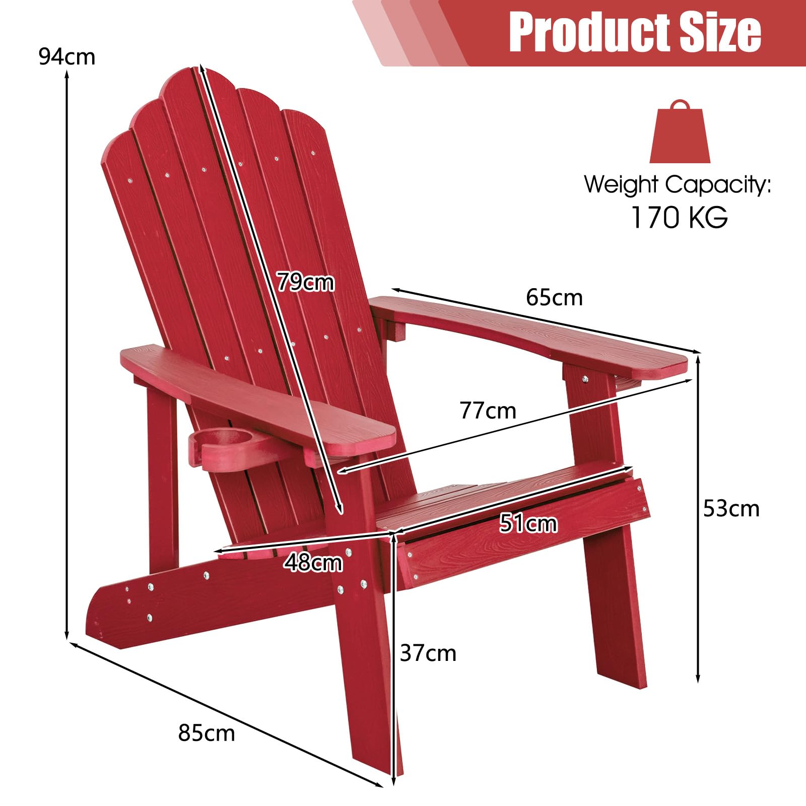 KOMFOTTEU Adirondack Stuhl mit Getränkehalter, Gartenstuhl mit Rücklehne & Armlehnen, Gartensessel wetterfest & ergonomisch, Relaxstuhl bis 170 kg für Balkon, Garten, Strand (Rot)