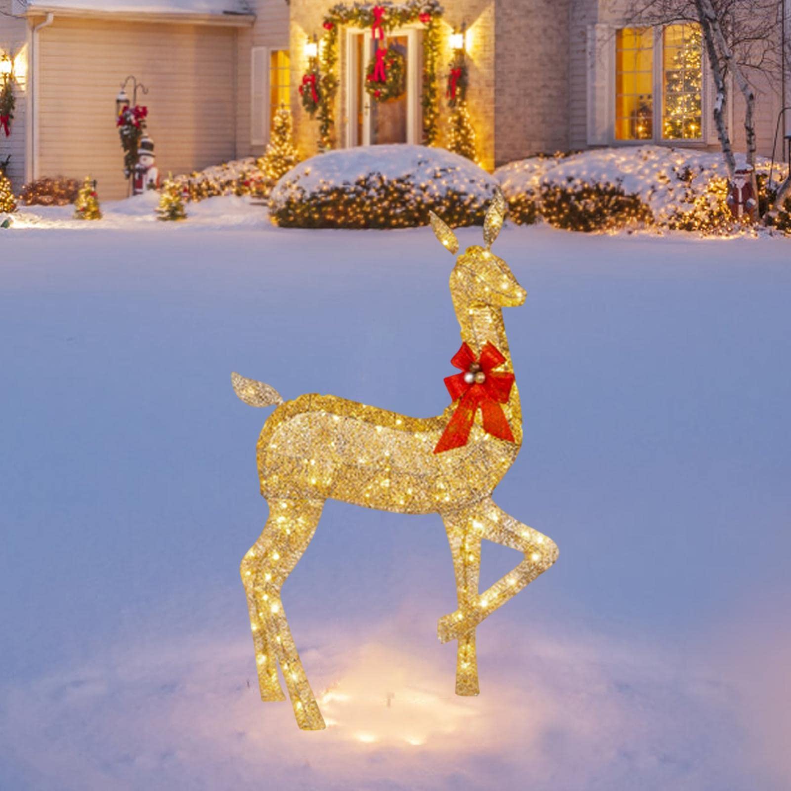 10 Unidades de Ciervos de Navidad iluminados – Decoración para Exteriores de Familia de Renos de Navidad con Luces LED – Luces navideñas de Patio con estaca y Lazo Rojo para jardín | exteriores de familia de de Navidad con luces LED – Luces navideñas de p