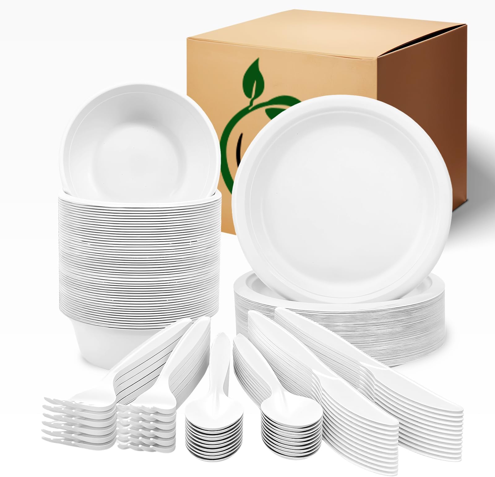 Disposable Plates and bowls set 250 PCS, Compostable Paper Plates with Extra Long Utensils, Microwave Safe Disposable Plates & Cutlery Include Bowls, Forks, Knives and Spoons, 50 Sets Each