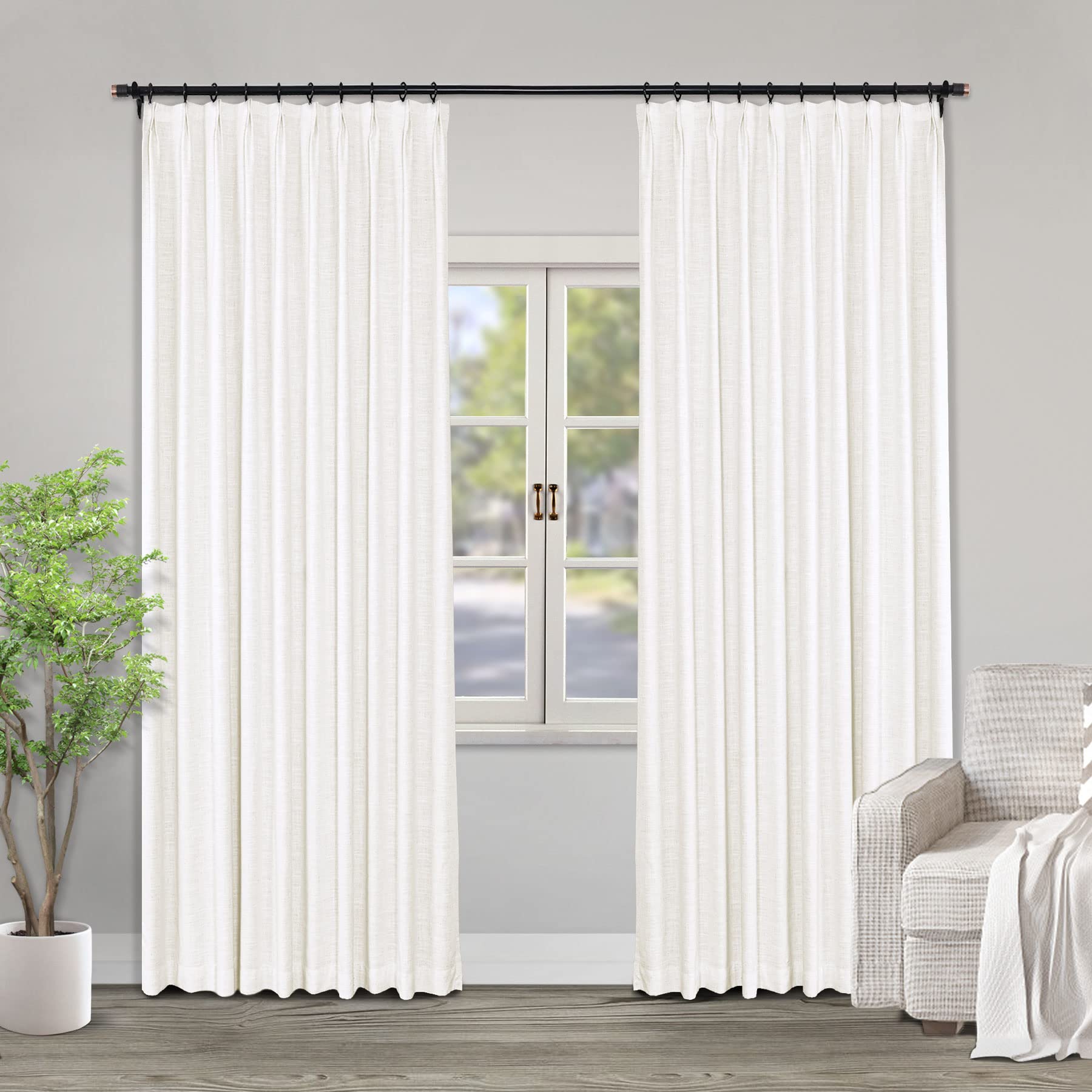 Cortinas plisadas de lino con aislamiento térmico para sala de estar, sala de reuniones, teatro, patio, color blanco marfil, 45 pulgadas de ancho x 200 pulgadas de largo, un panel