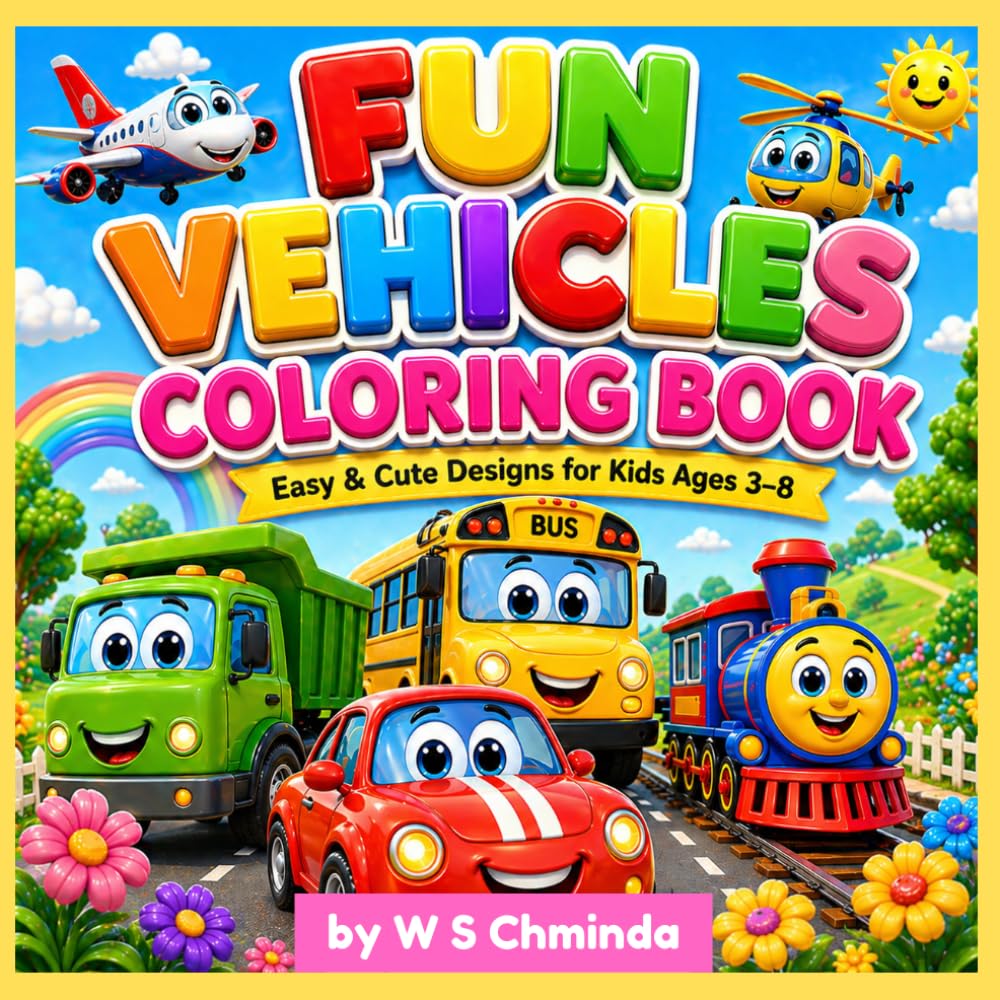 Fun Vehicles Coloring Book for Kids Ages 3–8: Easy & Cute Vehicle Designs for Toddlers, Preschool & Kids Ages 3–8 | Big Simple Cars, Trucks, Planes & Fun Learning Activity Book