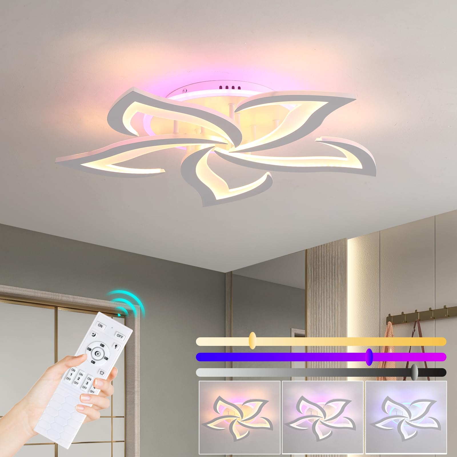 ZAITINZ Plafoniera Led soffitto dimmerabile 3000-6000 K,Lampadario led soggiorno con telecomando,50 W lampadario camera da letto moderno in petalo,Lampadario Led soffitto adatto per cucina e corrido