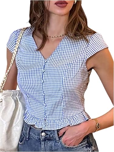 MakeMeChic Women's Gingham Shirt Button Down V Neck Cap Sleeve Ruffle Dressy Blo