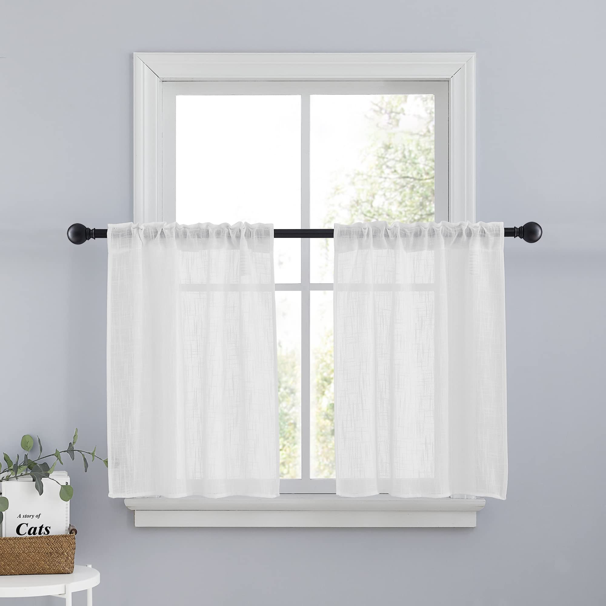 PONY DANCE Cafe Curtains 24 inch Length Set of 2, White Linen Textured Semi Sheer Boho Farmhouse Short Curtains for Small Bathroom RV Basement Country Half Window Tier for Kitchen, 26 inch Wide