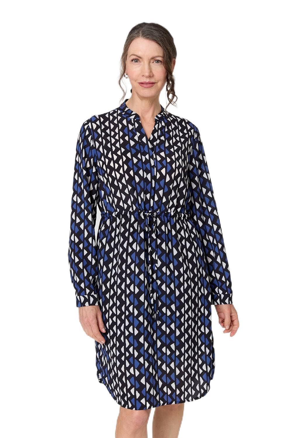 Izabel London Women's Blue Geo Print Tie Waist Knee Length Dress In Size 16