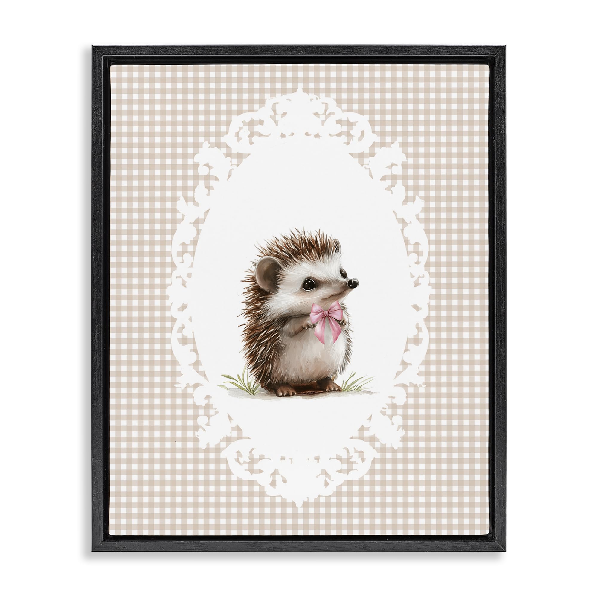 Stupell Industries Vintage Bow Hedgehog Gingham 'Vintage Bow Hedgehog On Gingham', Floating Frame Canvas Art, Black, 25 X 31 Inches, Easy To Hang And Sturdy, Made In Usa, By Christine Simpson Art
