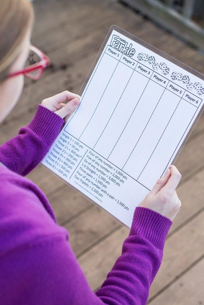 YARD FARKLE SCORE CARDS with Rules on the back- Laminated Farkle Score Card, Reusable Score Card, Size- 8.5" x 11" (FIVE Farkle Score Cards)