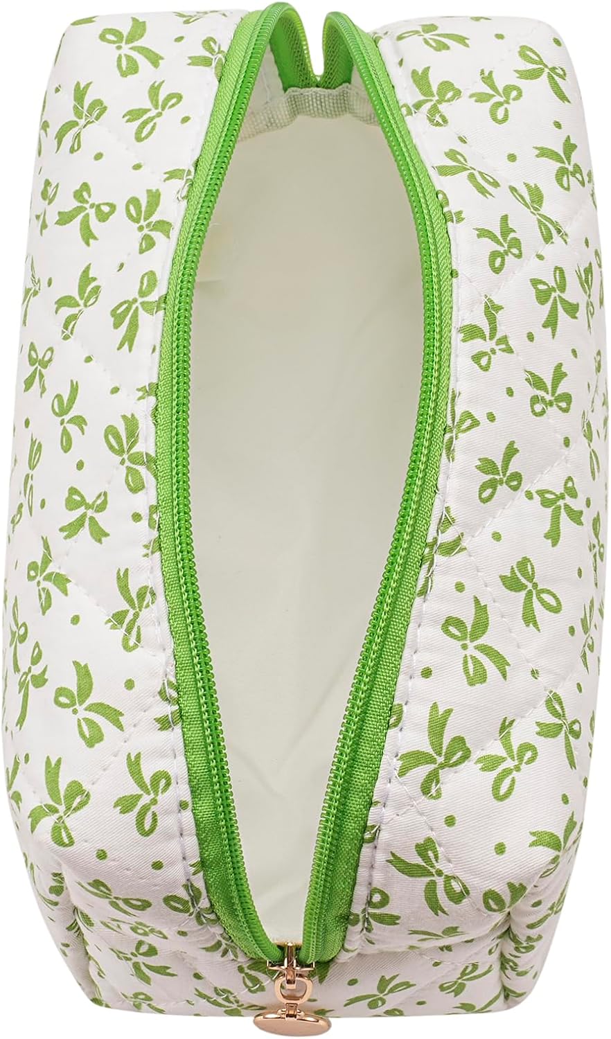 Cute Floral Cotton Makeup Bag, Quilted Makeup Bag for Women Girls, Travel Floral Cosmetic Bag Zipper Make Up Pouch, Flowers Toiletry Organizer Bag (Green/Green Bowknot) image 2