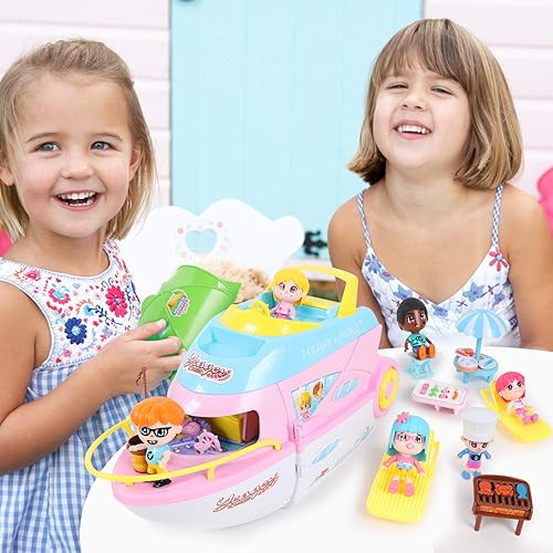 Miniatura 6 de iPlay, iLearn Juego de casa de muñecas para niñas de 3 a 4 años, juego de juguete de barco con muñecas pequeñas, casa de juegos de simulación para