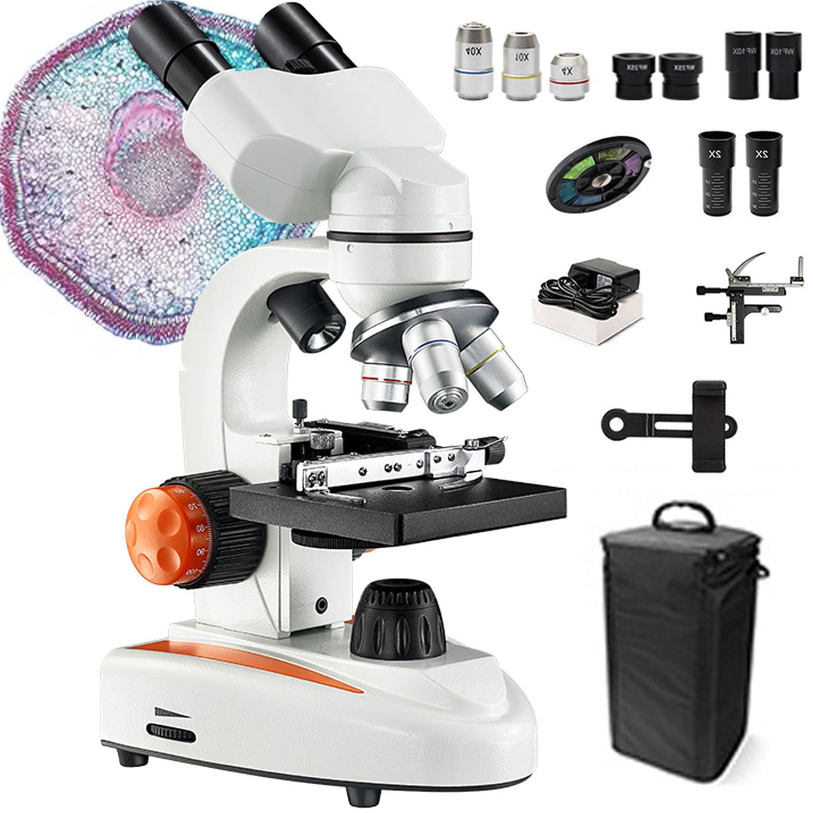 40x-2000x Binocular Compound Lab Microscope W/10x 25x Eyepieces,Double Layer Mechanical Stage&Dual Led Illumination+Shockproof Bag+Phone Holder,For Students Adults,White