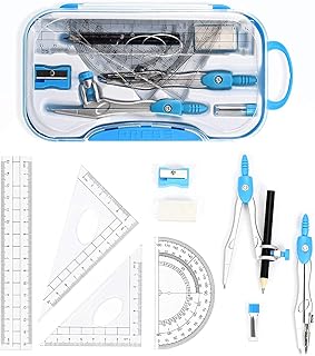 Coyanyu Geometry Compass Set, 10pcs School Math Protractor Kit Rulers Educational Drawing Set for Student Maths Engineering Drafting in Carry Case Blue
