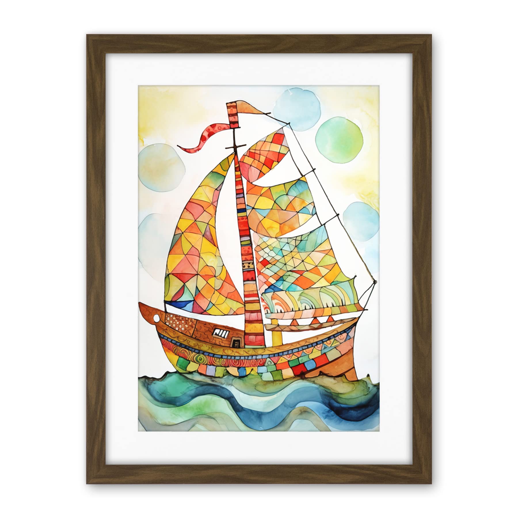 Artery8 Sailing Ship At Sunrise Folk Art Artwork Framed Wall Art Print 18X24 Inch