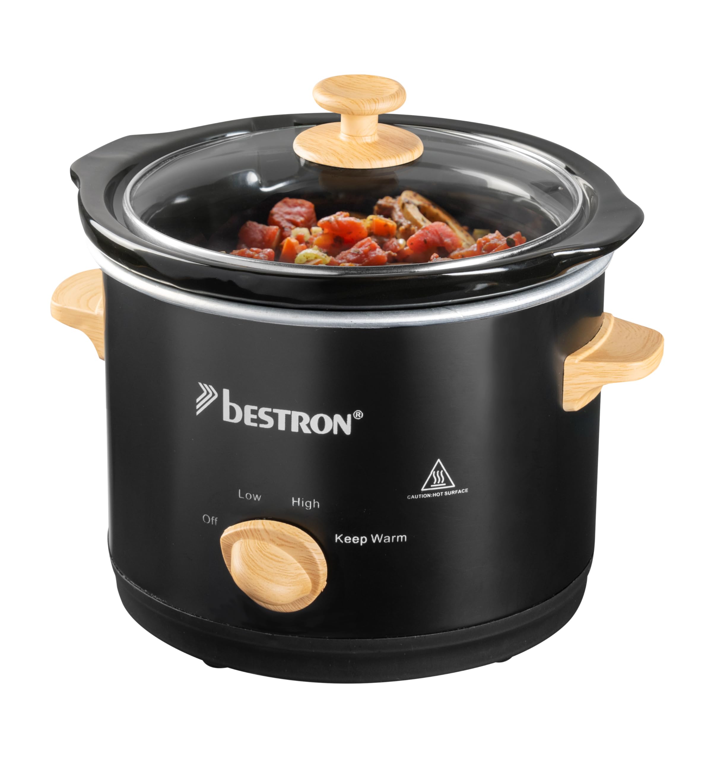 Bestron Slowcooker 1.5 L Olla de Cocción Lenta con Cacerola de Cerámica y Tapa de Vidrio, Termostato 3 Niveles, Negro/Madera