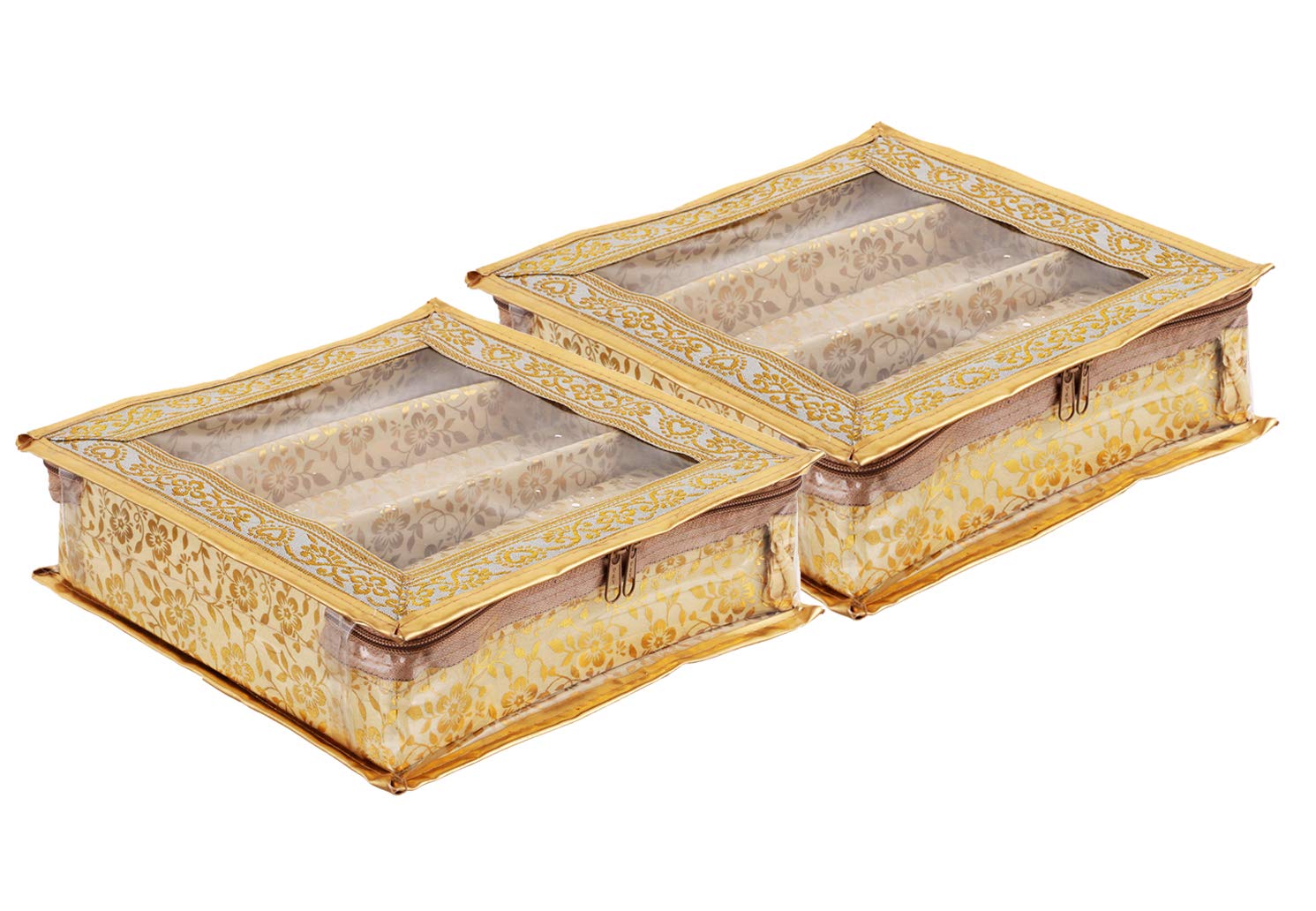 Kuber Industries Brocade Hardboard 2 Pieces Three Rod Bangle Box (Gold)-CTKTC025693