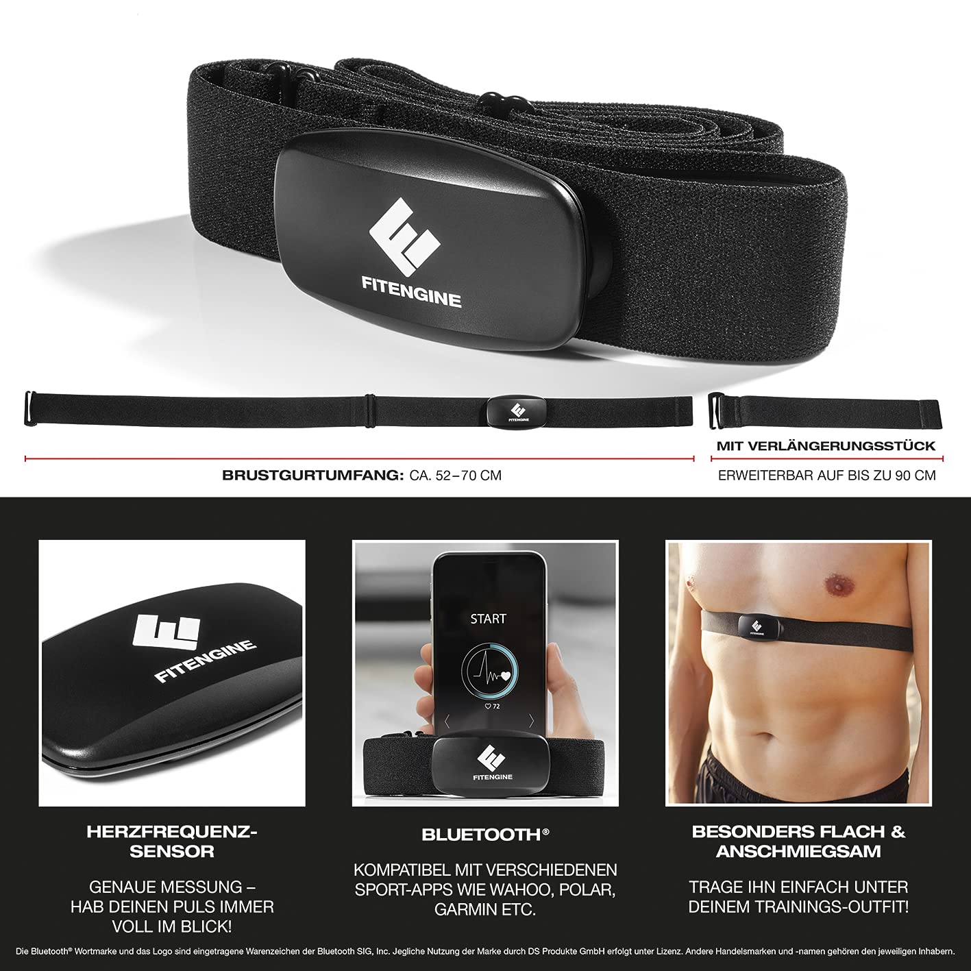 FitEngine Herzfrequenzmesser | Pulsmessung beim Ausdauer- & Cardiotraining | Bluetooth Funktion für IOS & Android | Gurt erweiterbar auf bis zu 90 cm, schwarz, Einheitsgröße
