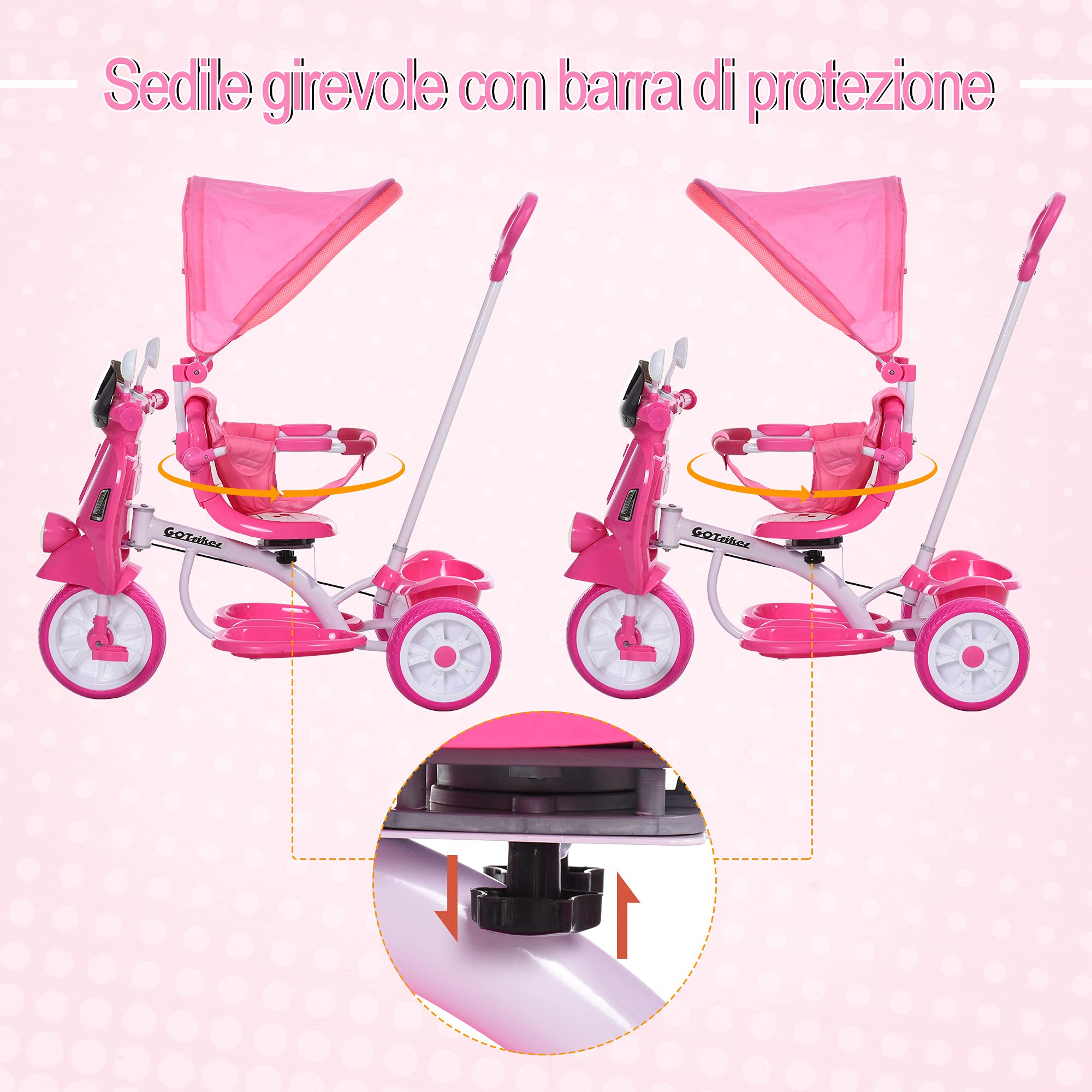 Triciclo Bambini 4 In 1 Pieghevole Con Maniglione - Bicicletta Per Età 1-5 Anni, Con Tettuccio E Barra Rimovibili - Foto 4