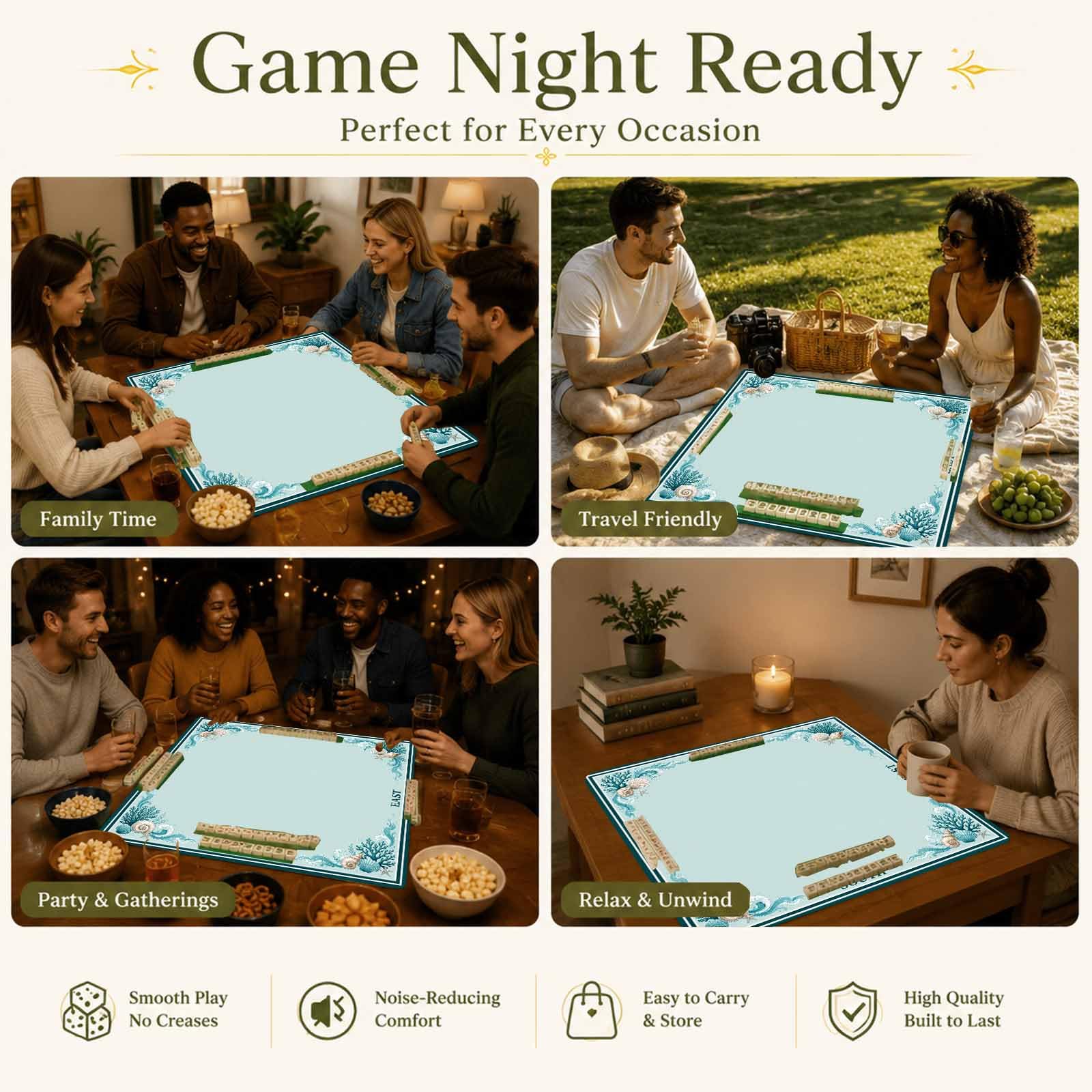 Tapis de Mahjong américain en coquillage bleu sarcelle, tapis de table Mah | La surface de jeu en néoprène aide à saisir les carreaux, adoucir le son, protéger les dessus de table et se range facilement