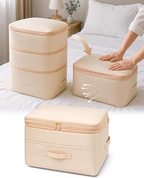 Ultra Space Saving Self Compression Organizers, Double Zipper Compression Packing Cubes for Bedding, Comforter Storage Bag for Blankets Duvet Quilts Pillows Queen King Beige, X-Large