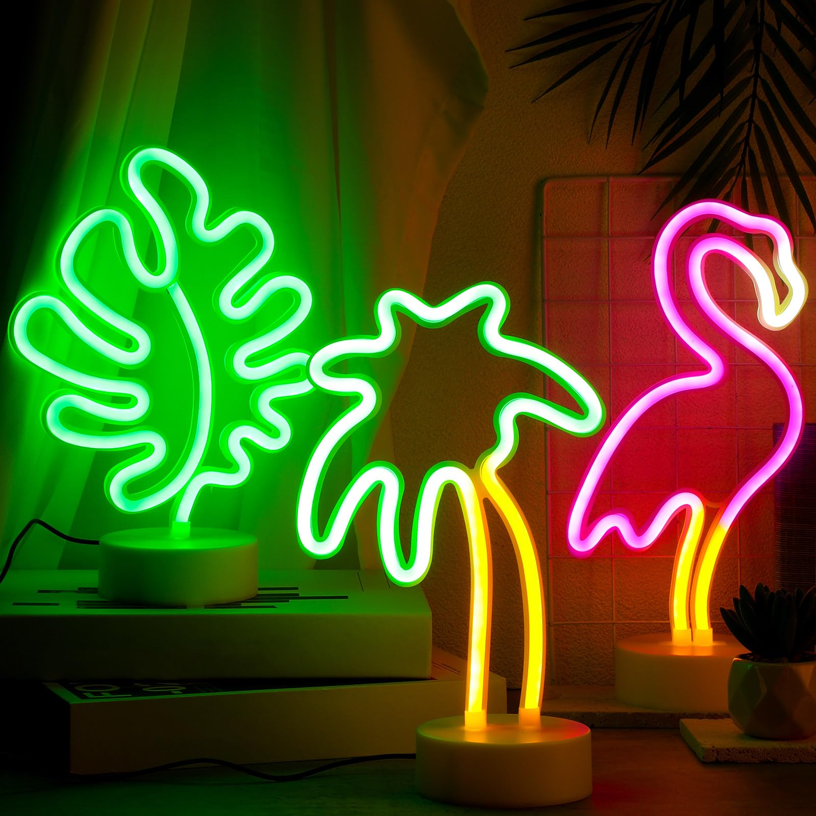 Liliful 3 Pcs Flamingo Neon Sign Coconut Palm Tree Neon Lights