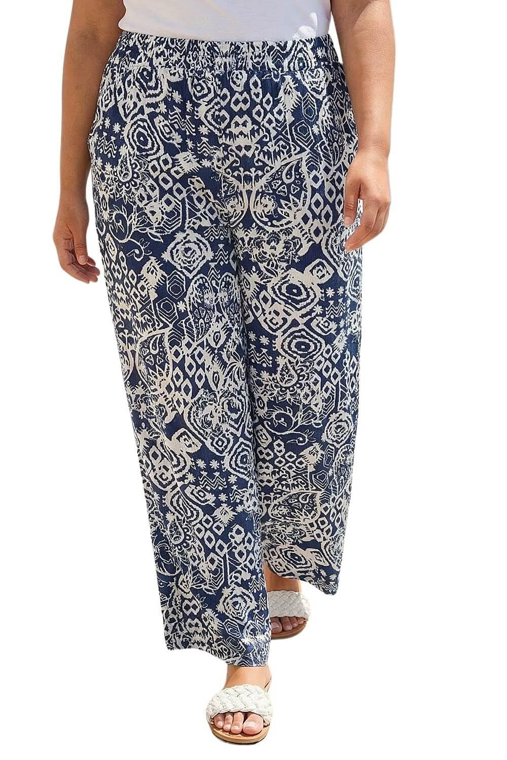 Roman Curve Abstract Spot Print Palazzo Trouser for Women UK - Ladies Everyday Holiday Spring Summer Comfy Soft Evening Vacation Work Party - Navy Ikat Plus - Size 2224