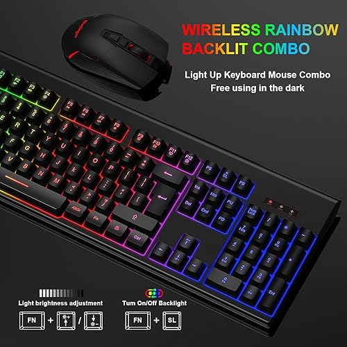 Miniatura 4 de Teclado y mouse inalámbricos para juegos, teclado inalámbrico recargable con retroiluminación arcoíris y mouse ergonómico con iluminación para