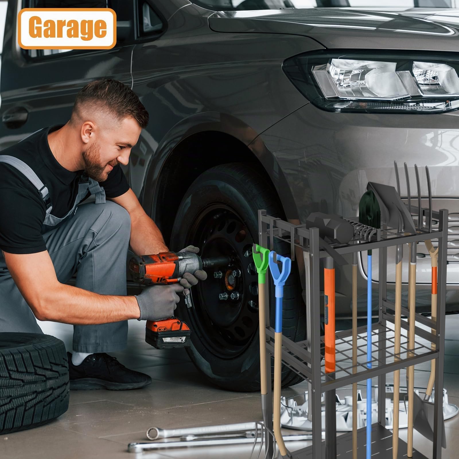 Organizer per attrezzi da giardino con 4 ganci, in metallo, per scope, rastrello, pala, attrezzi da giardino, per garage e garage, organizer da giardino (nero, 42 x 30 x 80 cm)